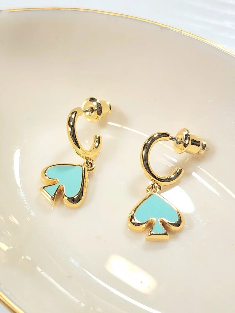 Kate Spade Everyday Spade Enamel Huggie Hoop Earrings Blue Gold.
